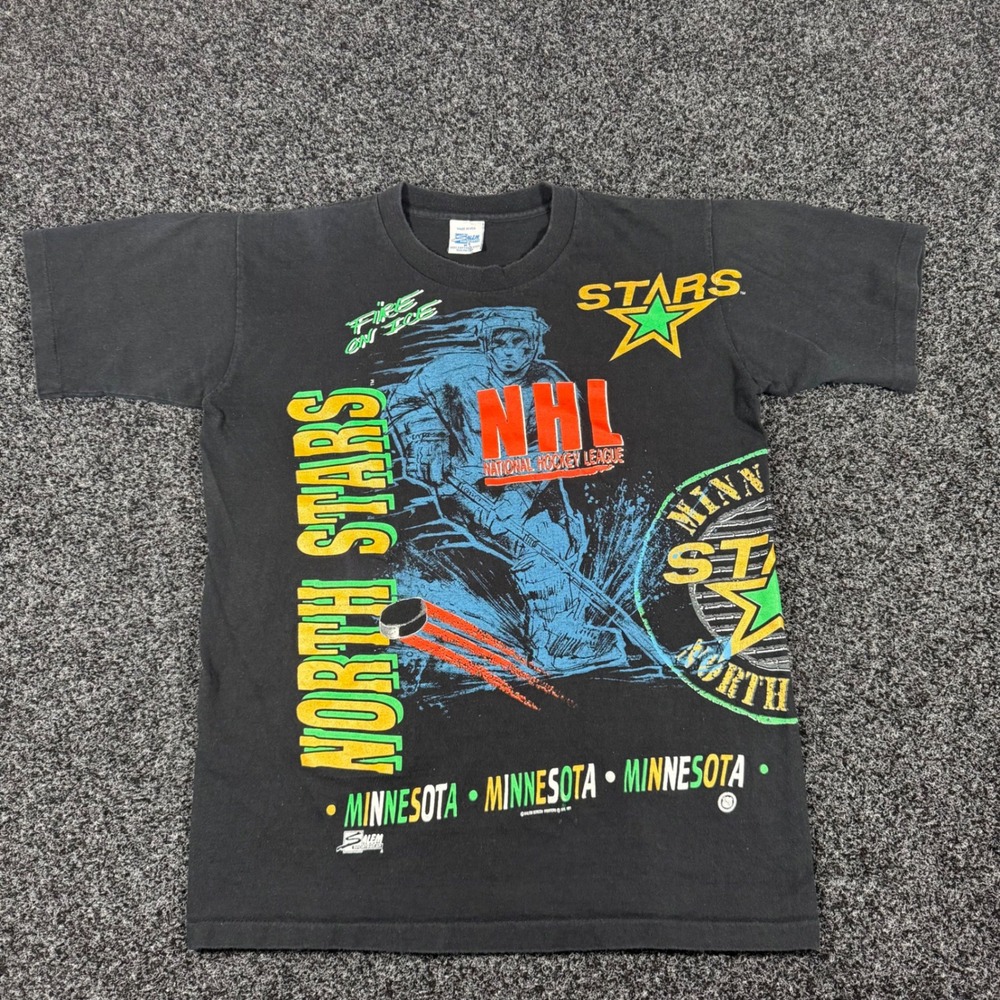 Vintage 1991 Minnesota North Stars NHL Salem Sportswear wraparound T-Shirt Black